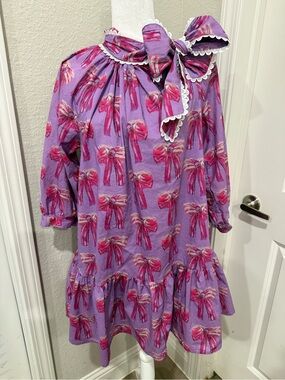 entro Purple Bow-Print Ruffle Dress Sz Small